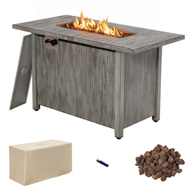 43" 50,000 BTU Outdoor Propane Gas Fire Pit Table with Wood Grain Tabletop, Hideaway Tank Storage, Lava Rocks, Waterproof Cover