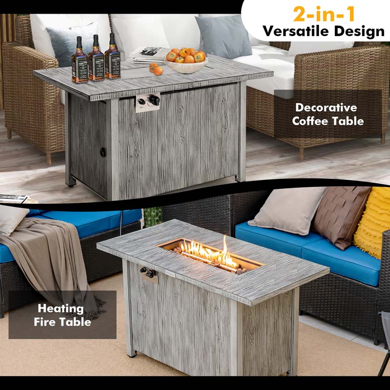43" 50,000 BTU Outdoor Propane Gas Fire Pit Table with Wood Grain Tabletop, Hideaway Tank Storage, Lava Rocks, Waterproof Cover