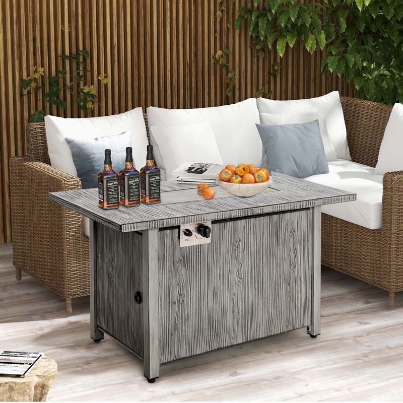 43" 50,000 BTU Outdoor Propane Gas Fire Pit Table with Wood Grain Tabletop, Hideaway Tank Storage, Lava Rocks, Waterproof Cover