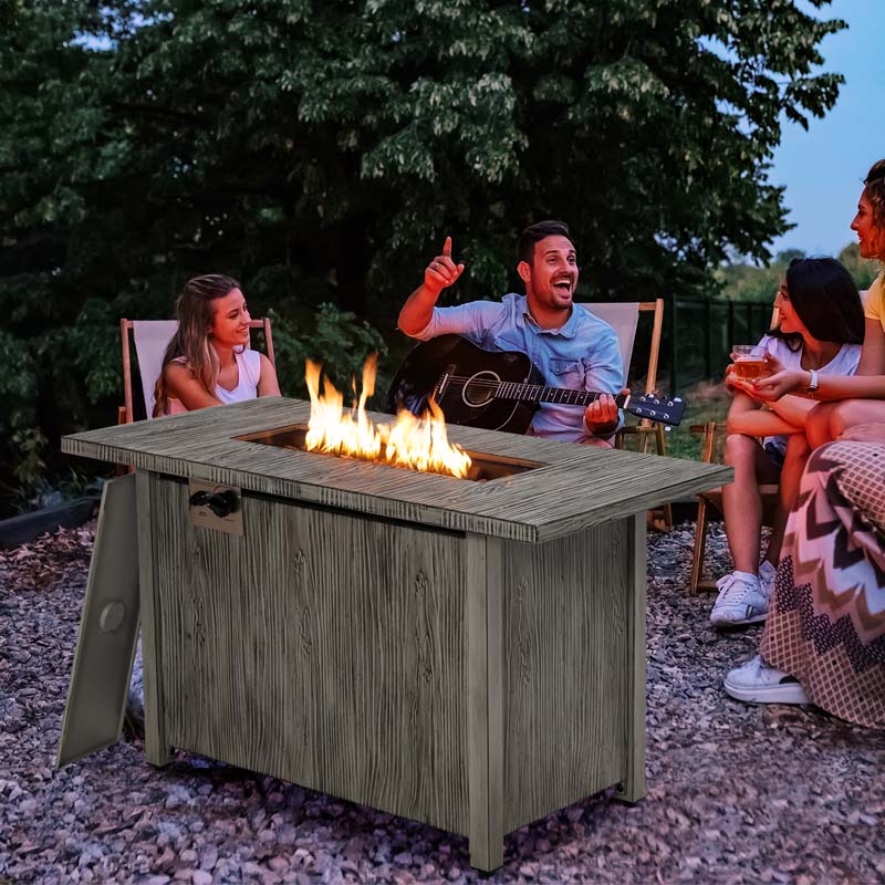 43" 50,000 BTU Outdoor Propane Gas Fire Pit Table with Wood Grain Tabletop, Hideaway Tank Storage, Lava Rocks, Waterproof Cover