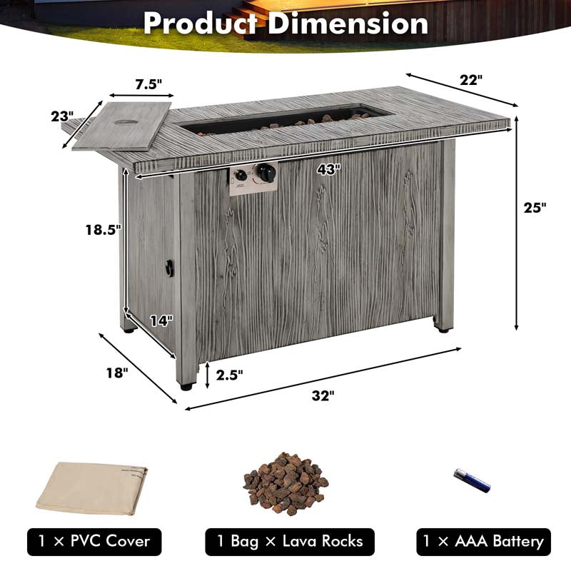 43" 50,000 BTU Outdoor Propane Gas Fire Pit Table with Wood Grain Tabletop, Hideaway Tank Storage, Lava Rocks, Waterproof Cover