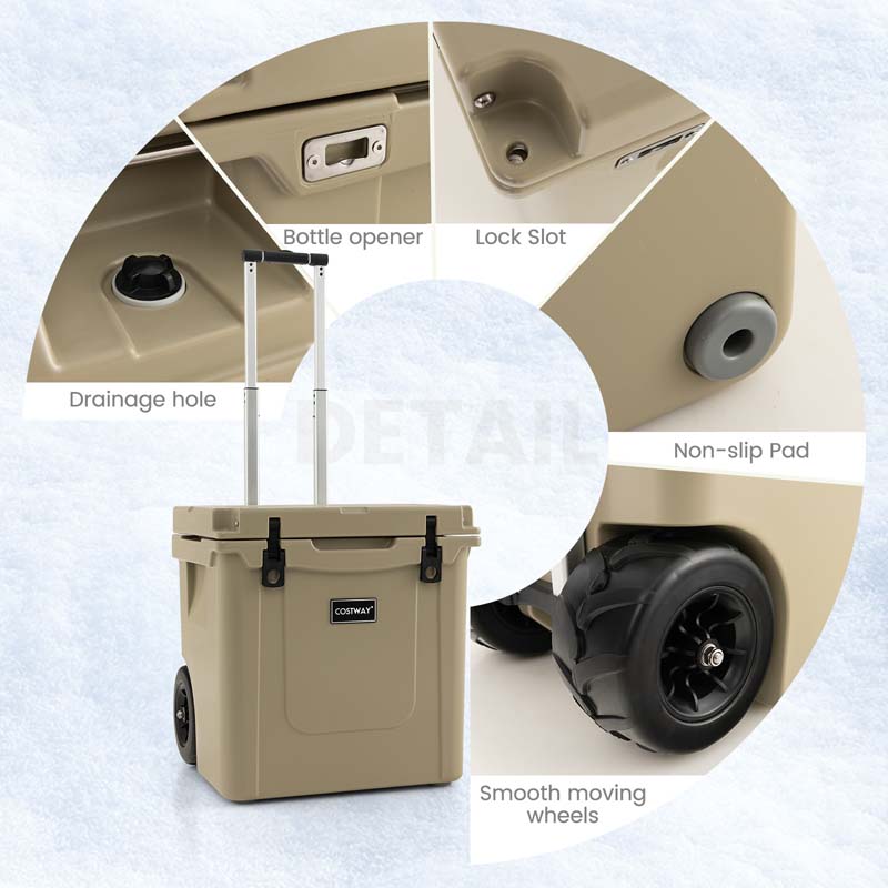 45 Quart Rotomolded Cooler with Wheels & Portable Handle for Camping, Insulated Large Towable Ice Chest with Cup Holders & Leak-Proof Latches
