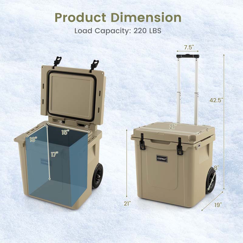 45 Quart Rotomolded Cooler with Wheels & Portable Handle for Camping, Insulated Large Towable Ice Chest with Cup Holders & Leak-Proof Latches