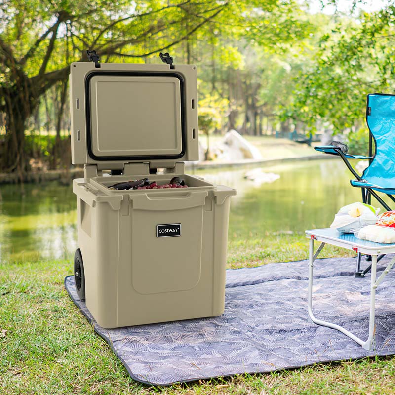 45 Quart Rotomolded Cooler with Wheels & Portable Handle for Camping, Insulated Large Towable Ice Chest with Cup Holders & Leak-Proof Latches