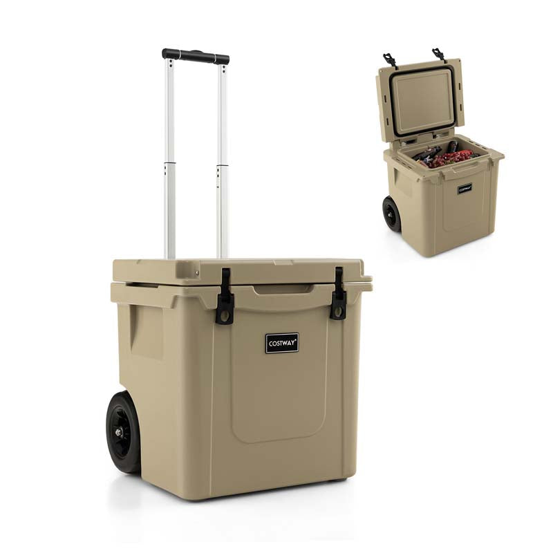 45 Quart Rotomolded Cooler with Wheels & Portable Handle for Camping, Insulated Large Towable Ice Chest with Cup Holders & Leak-Proof Latches