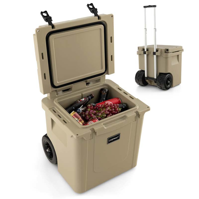 45 Quart Rotomolded Cooler with Wheels & Portable Handle for Camping, Insulated Large Towable Ice Chest with Cup Holders & Leak-Proof Latches