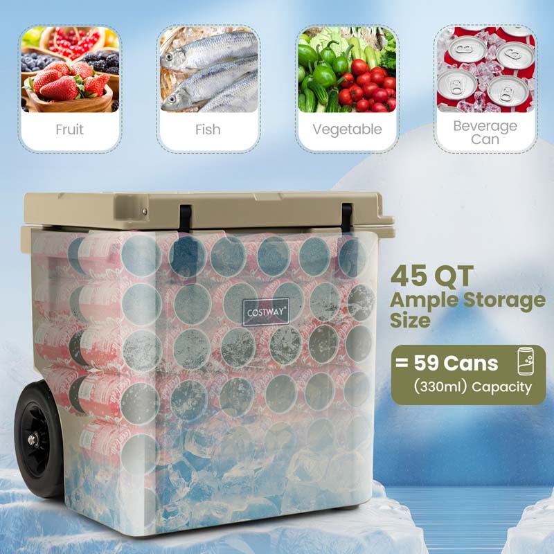 45 Quart Rotomolded Cooler with Wheels & Portable Handle for Camping, Insulated Large Towable Ice Chest with Cup Holders & Leak-Proof Latches