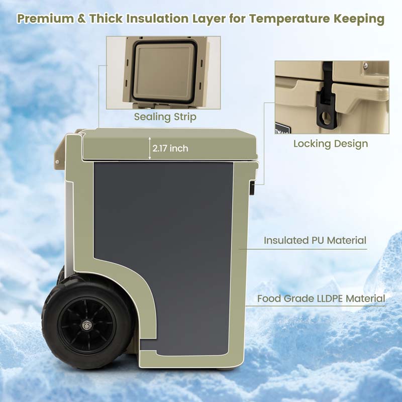 45 Quart Rotomolded Cooler with Wheels & Portable Handle for Camping, Insulated Large Towable Ice Chest with Cup Holders & Leak-Proof Latches
