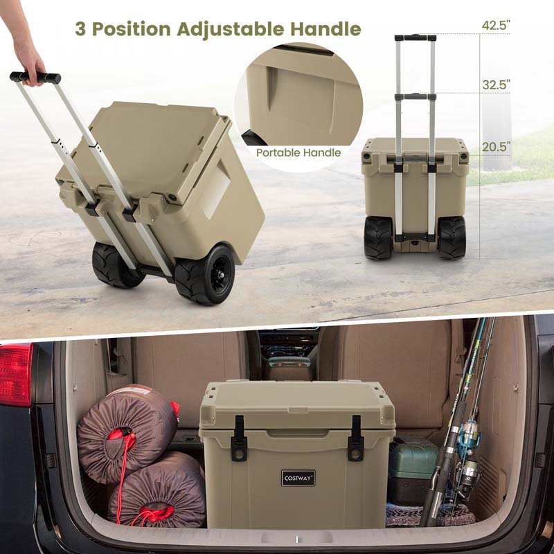 45 Quart Rotomolded Cooler with Wheels & Portable Handle for Camping, Insulated Large Towable Ice Chest with Cup Holders & Leak-Proof Latches