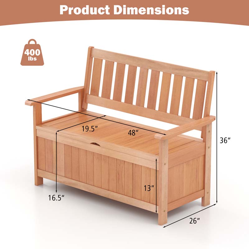 48" Hardwood Storage Bench Patio Backyard Garden Loveseat with 34.2 Gal Inner Space, Entryway Large Deck Box w/Slatted Backrest