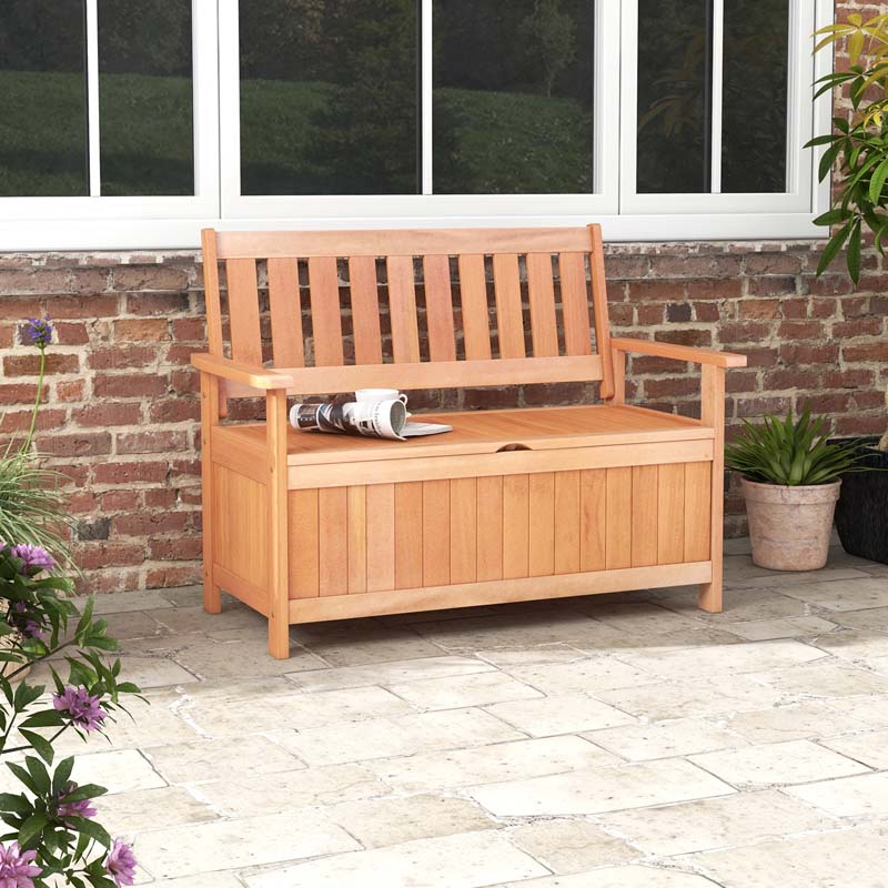 48" Hardwood Storage Bench Patio Backyard Garden Loveseat with 34.2 Gal Inner Space, Entryway Large Deck Box w/Slatted Backrest