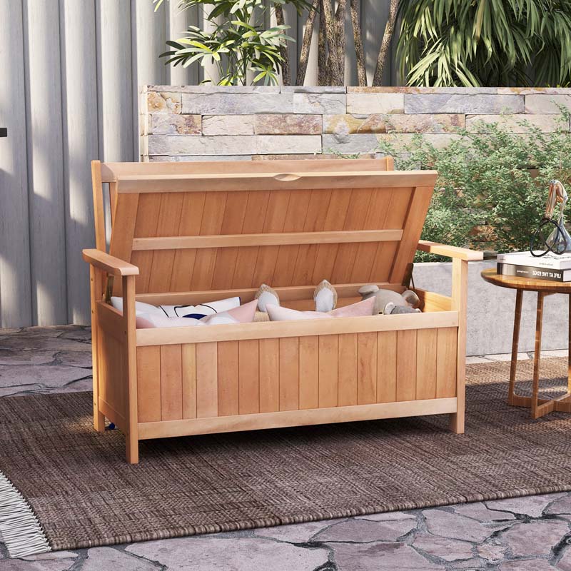 48" Hardwood Storage Bench Patio Backyard Garden Loveseat with 34.2 Gal Inner Space, Entryway Large Deck Box w/Slatted Backrest