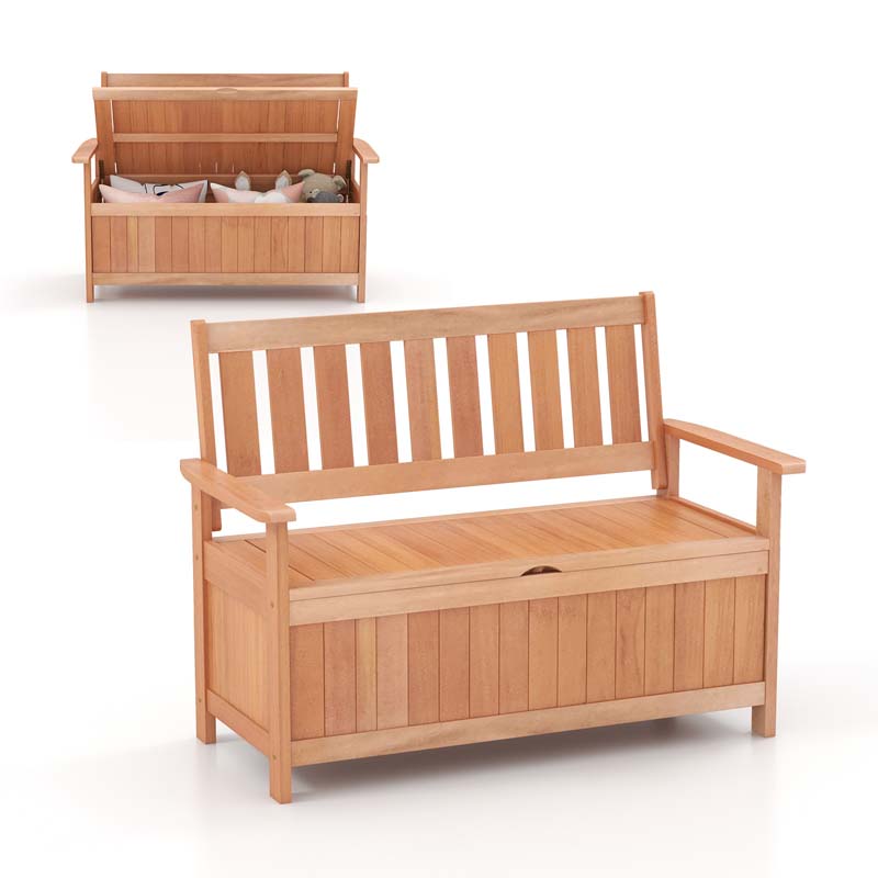 48" Hardwood Storage Bench Patio Backyard Garden Loveseat with 34.2 Gal Inner Space, Entryway Large Deck Box w/Slatted Backrest