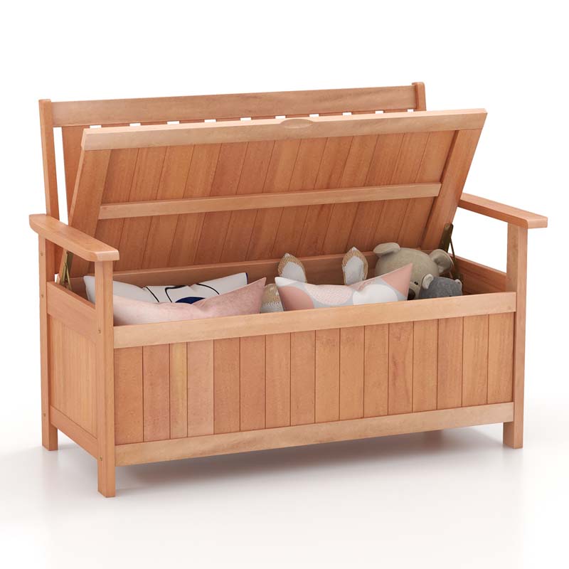 48" Hardwood Storage Bench Patio Backyard Garden Loveseat with 34.2 Gal Inner Space, Entryway Large Deck Box w/Slatted Backrest