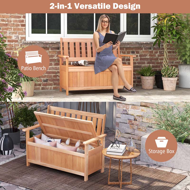 48" Hardwood Storage Bench Patio Backyard Garden Loveseat with 34.2 Gal Inner Space, Entryway Large Deck Box w/Slatted Backrest