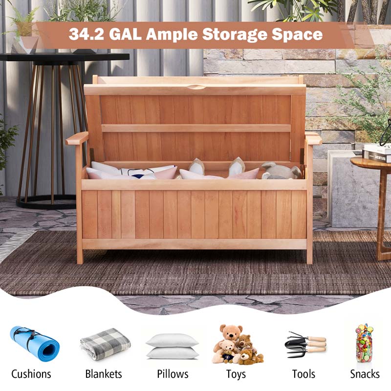 48" Hardwood Storage Bench Patio Backyard Garden Loveseat with 34.2 Gal Inner Space, Entryway Large Deck Box w/Slatted Backrest