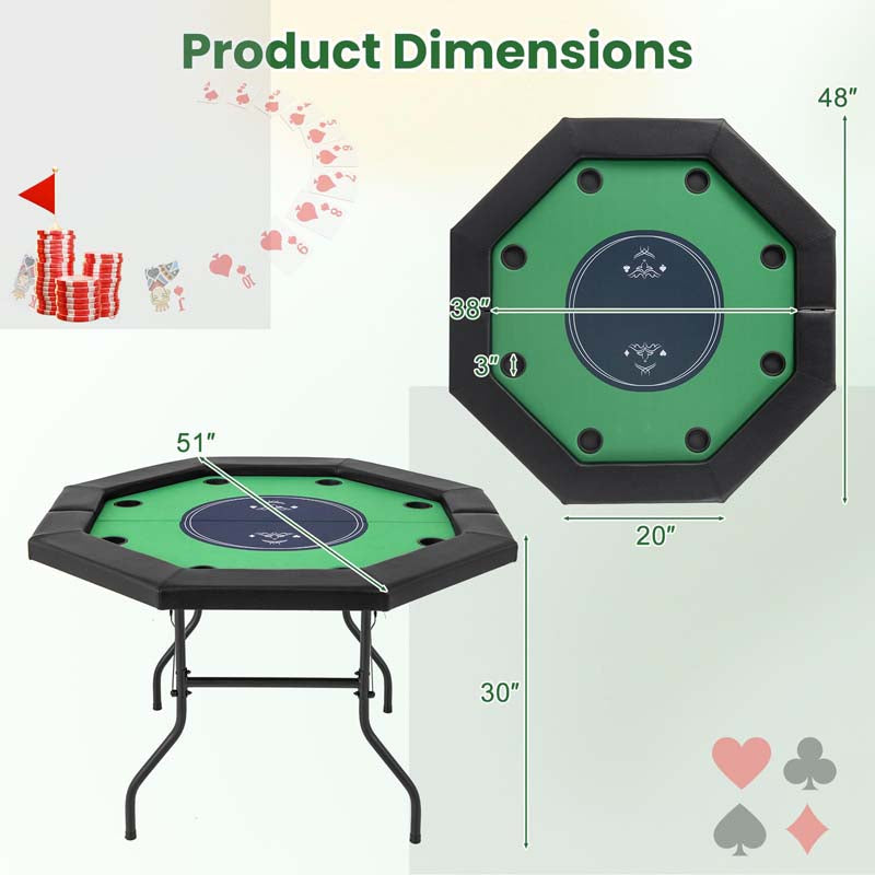8-Player Foldable Poker Table, 48" Portable Folding Texas Holdem Poker Tables with Padded Rails, Cup Holders, Casino Grade Felt Surface