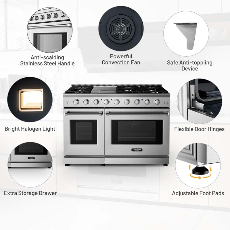 48" Freestanding Dual Fuels Natural Gas Range with 7 Burners Cooktop & Double Convection Ovens, Storage Drawer