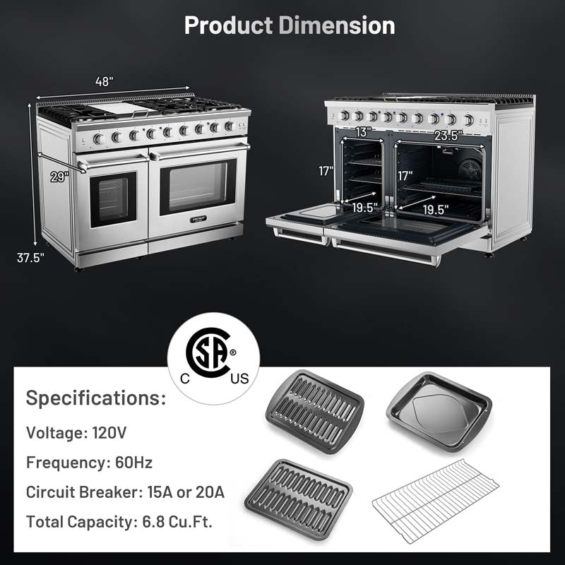 48" Freestanding Dual Fuels Natural Gas Range with 7 Burners Cooktop & Double Convection Ovens, Storage Drawer