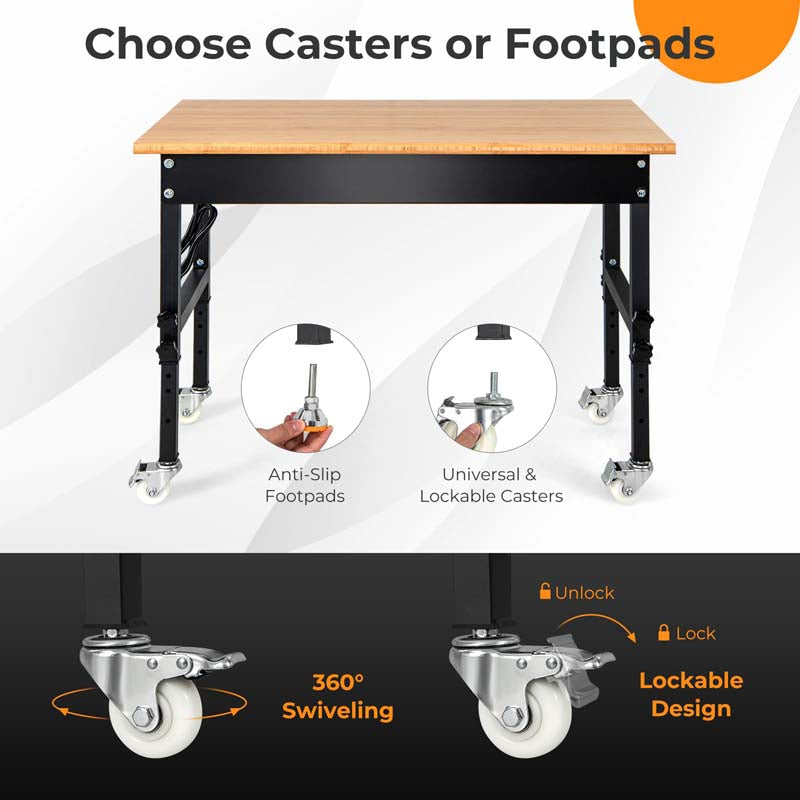 48" Mobile Work Table with Power Outlet, Removable Wheels & Foot Pads, 1984LBS Capacity Bamboo Wood Top Height Adjustable Rolling Workbench