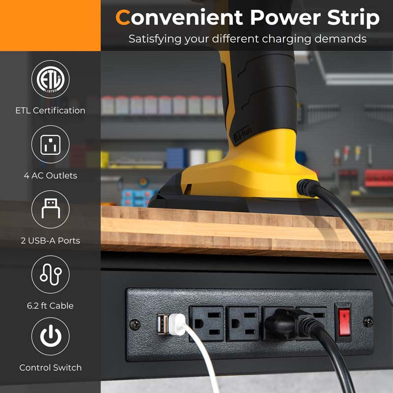 48" Mobile Work Table with Power Outlet, Removable Wheels & Foot Pads, 1984LBS Capacity Bamboo Wood Top Height Adjustable Rolling Workbench