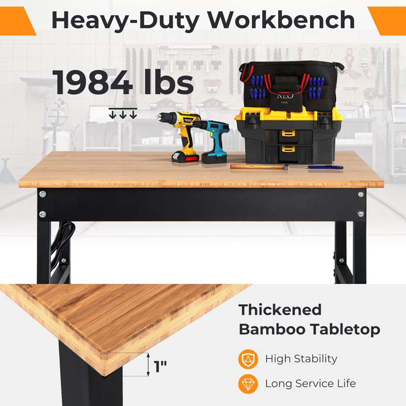 48" Mobile Work Table with Power Outlet, Removable Wheels & Foot Pads, 1984LBS Capacity Bamboo Wood Top Height Adjustable Rolling Workbench