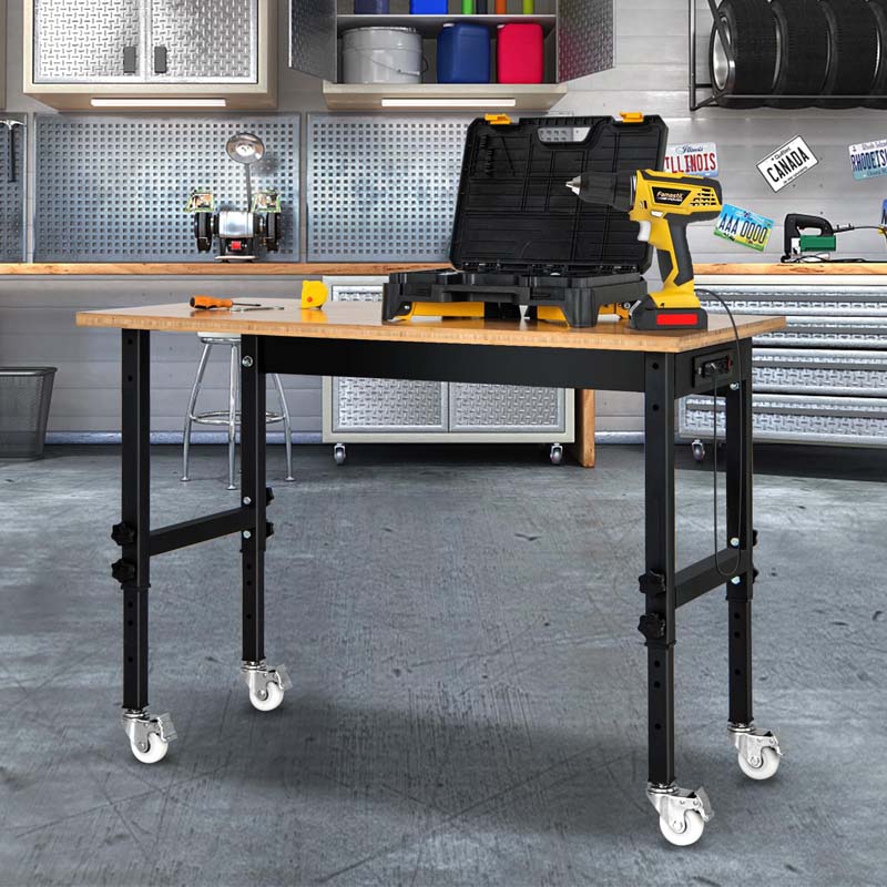 48" Mobile Work Table with Power Outlet, Removable Wheels & Foot Pads, 1984LBS Capacity Bamboo Wood Top Height Adjustable Rolling Workbench