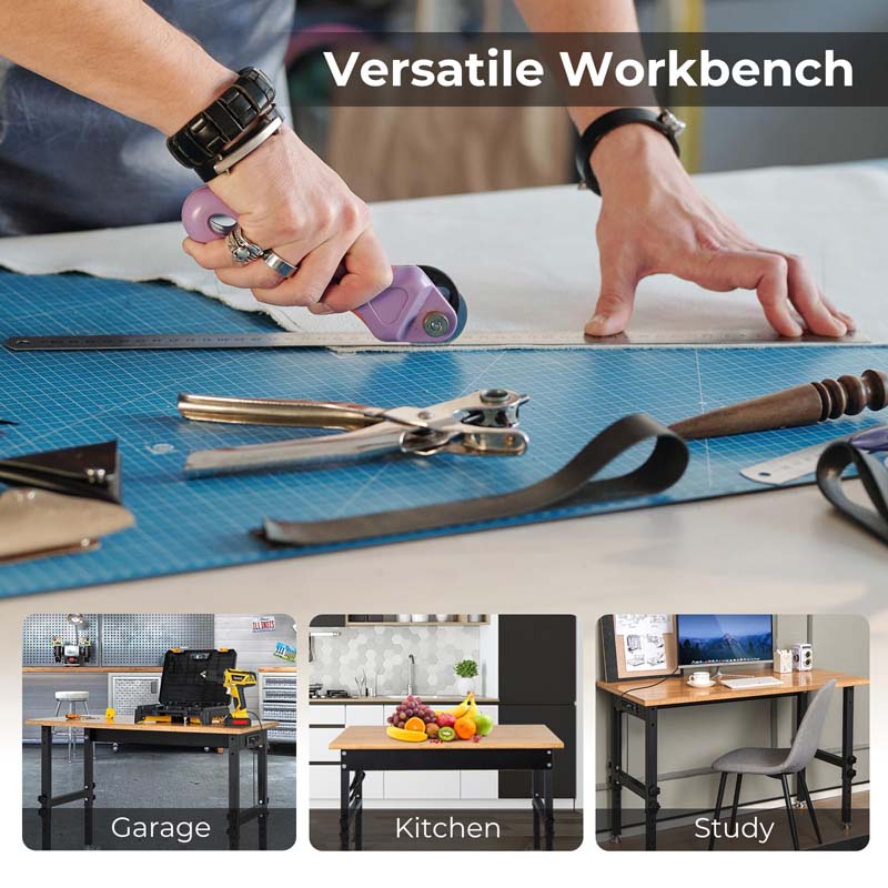 48" Mobile Work Table with Power Outlet, Removable Wheels & Foot Pads, 1984LBS Capacity Bamboo Wood Top Height Adjustable Rolling Workbench