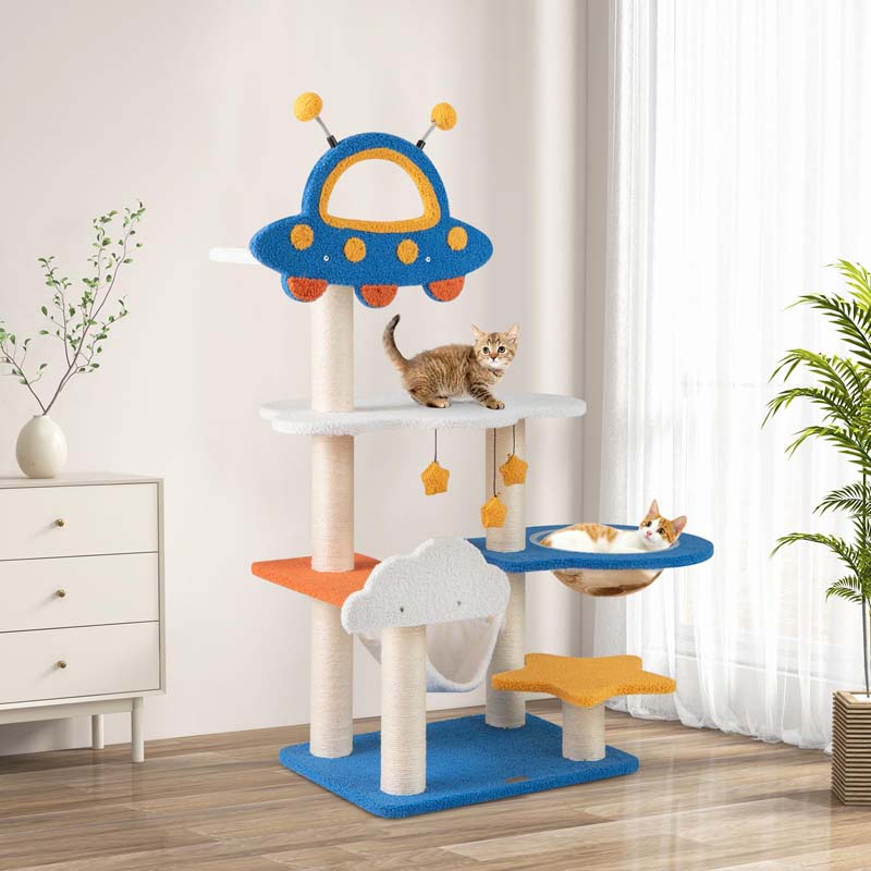 49" Tall Space-Themed Multi-Level Cat Tree Tower with UFO Top Perch Space Capsule, Sisal Scratching Posts, Cloud & Star Platforms for Indoor Cats