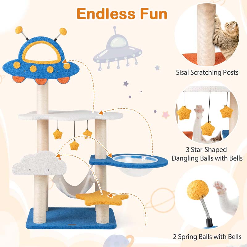 49" Tall Space-Themed Multi-Level Cat Tree Tower with UFO Top Perch Space Capsule, Sisal Scratching Posts, Cloud & Star Platforms for Indoor Cats
