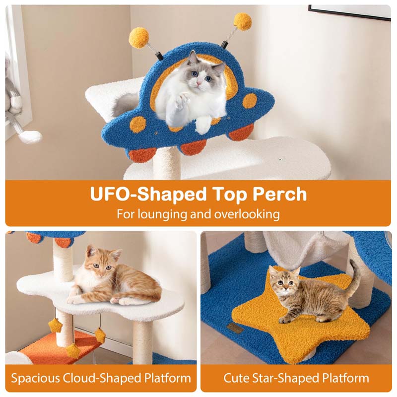 49" Tall Space-Themed Multi-Level Cat Tree Tower with UFO Top Perch Space Capsule, Sisal Scratching Posts, Cloud & Star Platforms for Indoor Cats