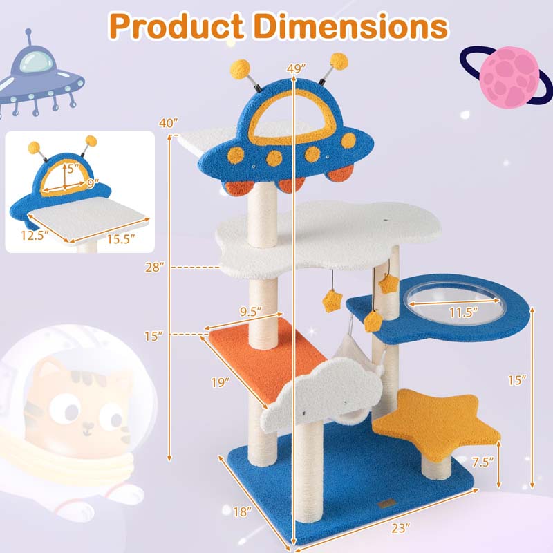 49" Tall Space-Themed Multi-Level Cat Tree Tower with UFO Top Perch Space Capsule, Sisal Scratching Posts, Cloud & Star Platforms for Indoor Cats