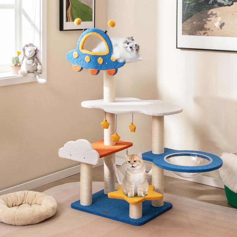 49" Tall Space-Themed Multi-Level Cat Tree Tower with UFO Top Perch Space Capsule, Sisal Scratching Posts, Cloud & Star Platforms for Indoor Cats
