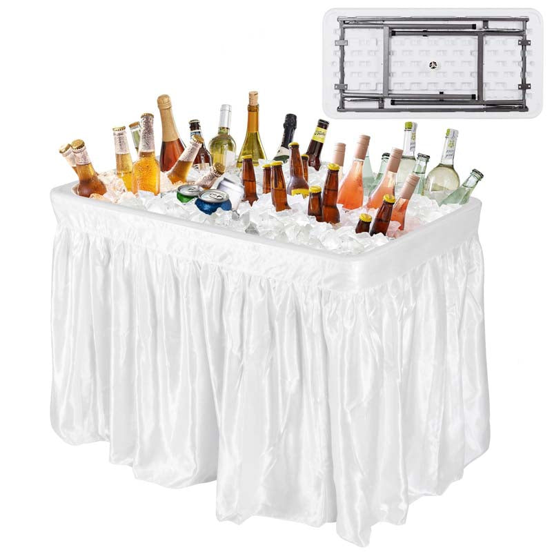 4FT Folding Ice Table with Drain, Bucket & Removable Skirt, Portable Fill and Chill Table for Food Beverage, Party BBQ Camping, No Assembly