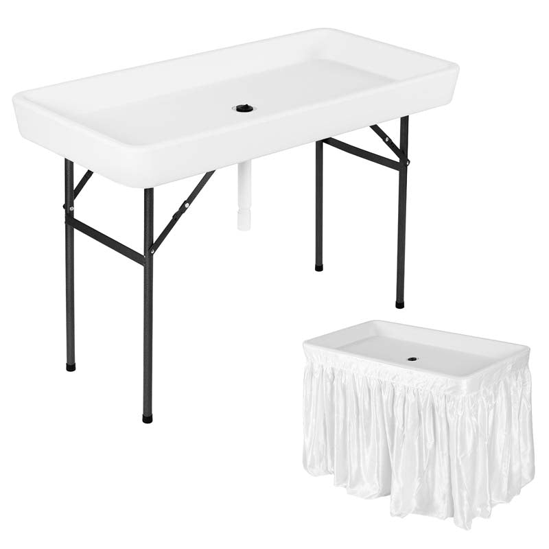 4FT Folding Ice Table with Drain, Bucket & Removable Skirt, Portable Fill and Chill Table for Food Beverage, Party BBQ Camping, No Assembly