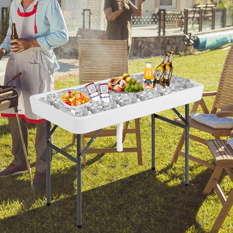 4FT Folding Ice Table with Drain, Bucket & Removable Skirt, Portable Fill and Chill Table for Food Beverage, Party BBQ Camping, No Assembly