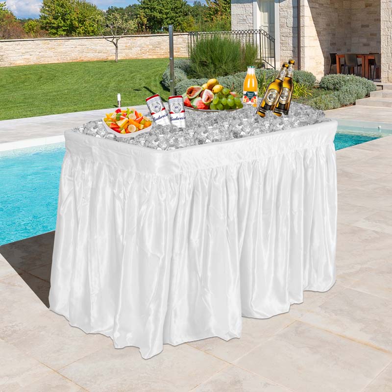4FT Folding Ice Table with Drain, Bucket & Removable Skirt, Portable Fill and Chill Table for Food Beverage, Party BBQ Camping, No Assembly