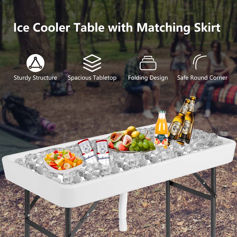 4FT Folding Ice Table with Drain, Bucket & Removable Skirt, Portable Fill and Chill Table for Food Beverage, Party BBQ Camping, No Assembly