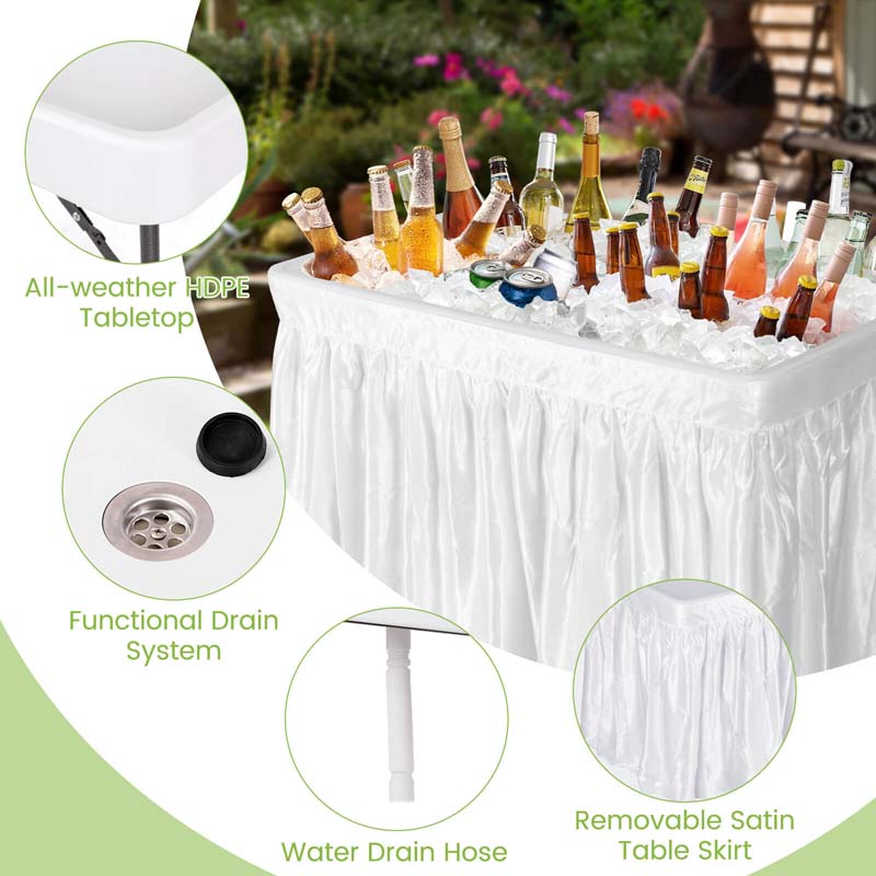 4FT Folding Ice Table with Drain, Bucket & Removable Skirt, Portable Fill and Chill Table for Food Beverage, Party BBQ Camping, No Assembly