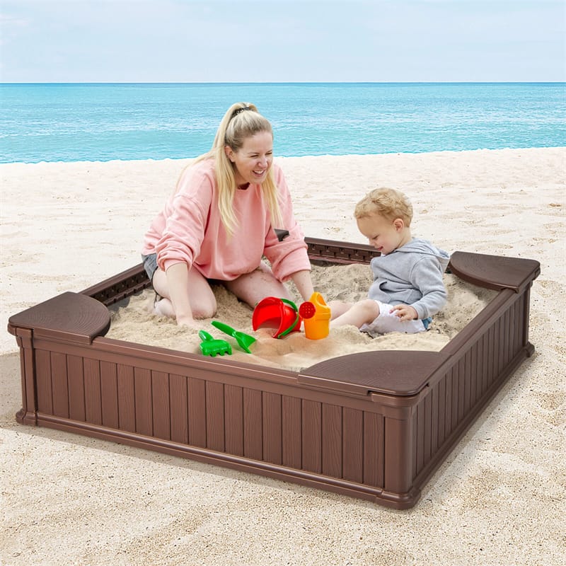 4 x 4 FT Large HDPE Kids Sandbox with Oxford Cover, 4 Corner Seats & Bottom Liner, All Weather Resistant Outdoor Sand Pit
