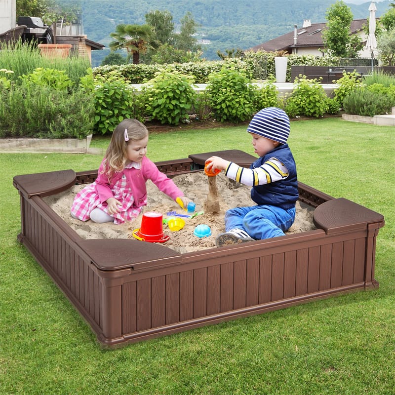 4 x 4 FT Large HDPE Kids Sandbox with Oxford Cover, 4 Corner Seats & Bottom Liner, All Weather Resistant Outdoor Sand Pit