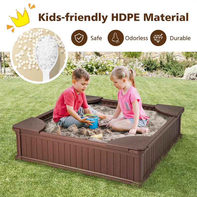 4 x 4 FT Large HDPE Kids Sandbox with Oxford Cover, 4 Corner Seats & Bottom Liner, All Weather Resistant Outdoor Sand Pit