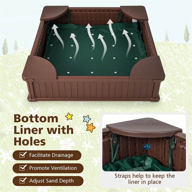 4 x 4 FT Large HDPE Kids Sandbox with Oxford Cover, 4 Corner Seats & Bottom Liner, All Weather Resistant Outdoor Sand Pit