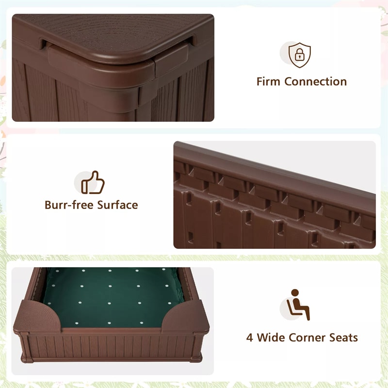 4 x 4 FT Large HDPE Kids Sandbox with Oxford Cover, 4 Corner Seats & Bottom Liner, All Weather Resistant Outdoor Sand Pit