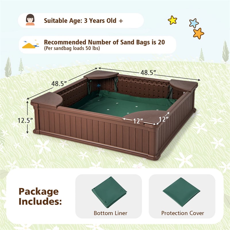 4 x 4 FT Large HDPE Kids Sandbox with Oxford Cover, 4 Corner Seats & Bottom Liner, All Weather Resistant Outdoor Sand Pit