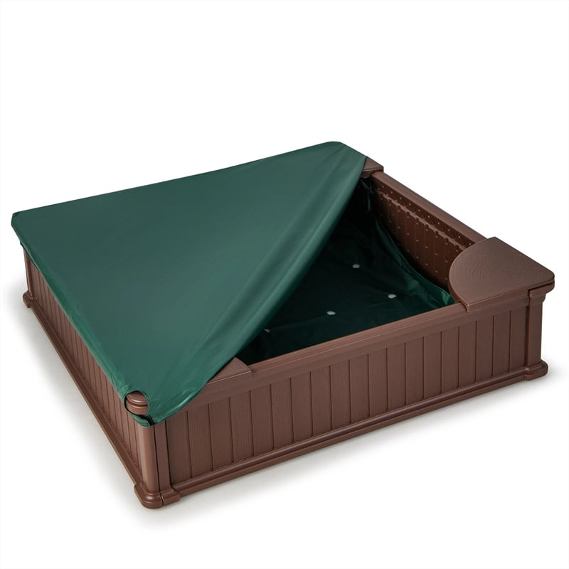 4 x 4 FT Large HDPE Kids Sandbox with Oxford Cover, 4 Corner Seats & Bottom Liner, All Weather Resistant Outdoor Sand Pit