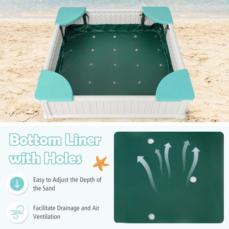 4 x 4 FT Large HDPE Kids Sandbox with Oxford Cover, 4 Corner Seats & Bottom Liner, All Weather Resistant Outdoor Sand Pit