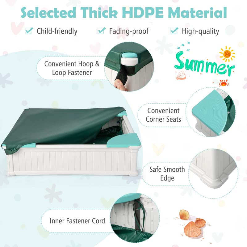 4 x 4 FT Large HDPE Kids Sandbox with Oxford Cover, 4 Corner Seats & Bottom Liner, All Weather Resistant Outdoor Sand Pit