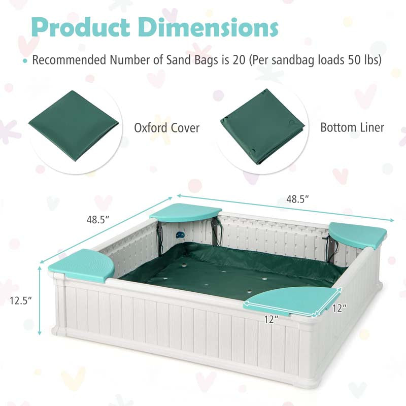 4 x 4 FT Large HDPE Kids Sandbox with Oxford Cover, 4 Corner Seats & Bottom Liner, All Weather Resistant Outdoor Sand Pit