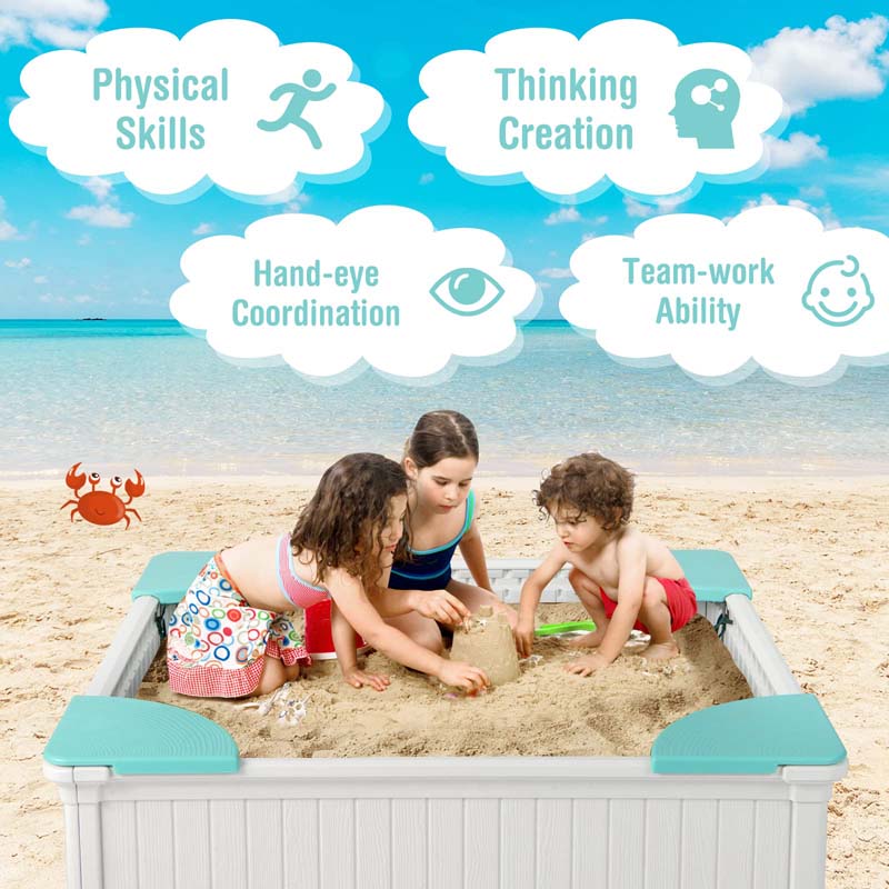 4 x 4 FT Large HDPE Kids Sandbox with Oxford Cover, 4 Corner Seats & Bottom Liner, All Weather Resistant Outdoor Sand Pit